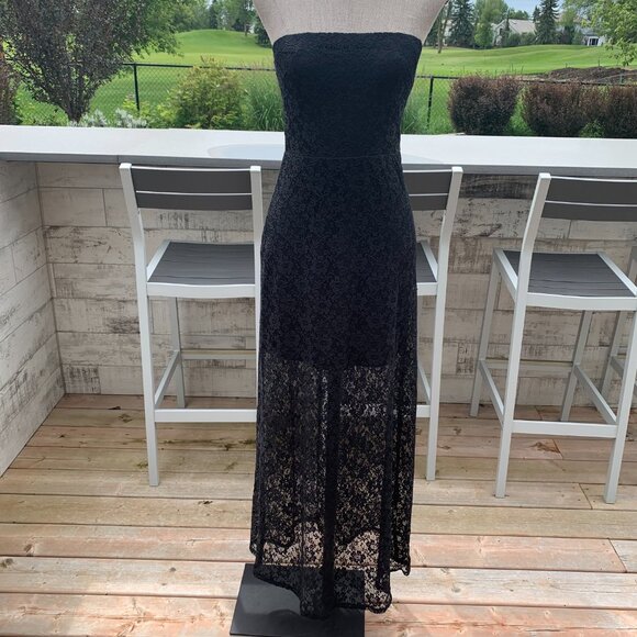 Vintage 90s Y2K B. Smart Black Sheer Lace Strapless Tube Top Maxi Dress - Picture 5 of 14
